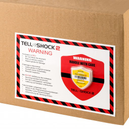 Tell-Shock 2 Stoßindikator auf Katon mit Warnaufkleber