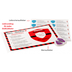 Tell-Shock 2 impact indicator with warning sticker and sticker for freight documents